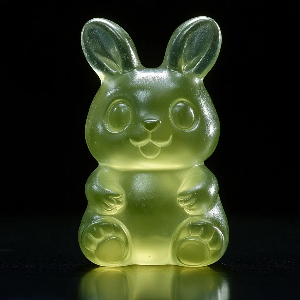 A translucent, lime-green gummy candy shaped like a sitting rabbit is the focus of the image.  The rabbit has large, expressive eyes and a cheerful expression.  Its paws are clearly defined, and the candy appears smooth and almost glassy in texture. The dark background accentuates the candy's vibrant color and unique form.