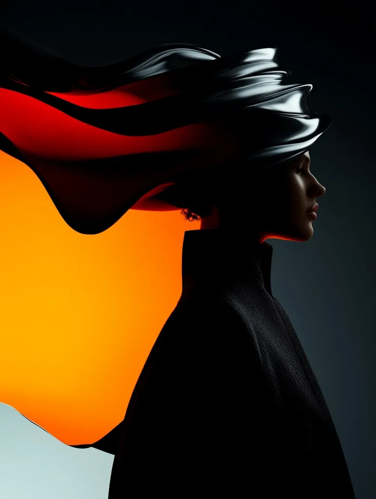 A silhouette of a woman is shown in profile, adorned with a dramatic, sculpted headpiece that resembles flowing black fabric.  The headpiece contrasts sharply with a vibrant orange background, creating a striking visual effect. The woman's dark clothing blends seamlessly with the headpiece, emphasizing its form and the overall mood of mystery and elegance.  The image is stylized and high contrast.