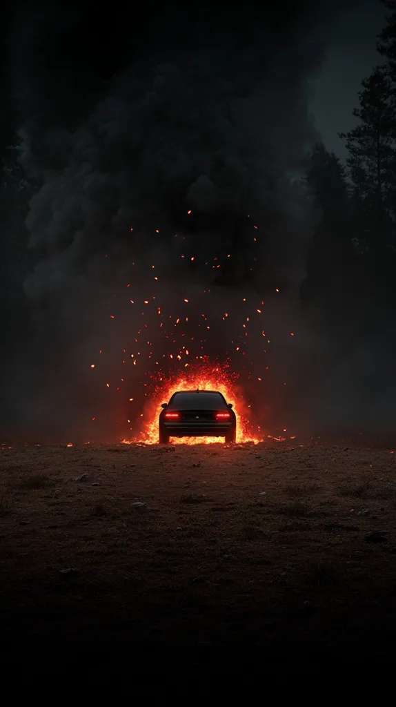 A dark, dramatic image depicts a car engulfed in flames against a backdrop of a smoky, dark forest.  Embers and sparks rise around the vehicle, creating a fiery spectacle. The scene is ominous and suggestive of destruction or a powerful, intense event.  The contrast between the bright fire and the dark surroundings intensifies the visual impact.