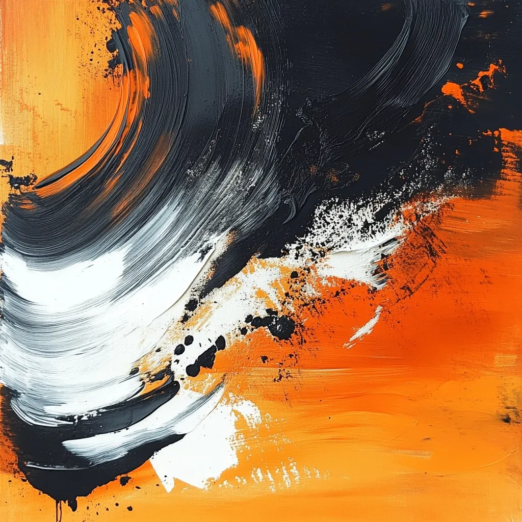 An abstract painting dominated by vibrant orange hues, punctuated by dynamic strokes of black and white.  The black paint creates swirling, almost wave-like patterns, contrasting with the smoother, broader application of orange and white.  The interplay of colors and textures generates a sense of movement and energy within the composition.  Splashes of black add further dynamism to the artwork.