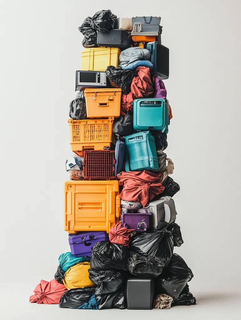 A towering stack of discarded items against a white background.  The pile includes various plastic containers, luggage, clothing bundled in fabric, and numerous black garbage bags.  Brightly colored storage boxes are interspersed with darker items, creating a visually chaotic yet organized structure.  The image suggests themes of consumerism, waste, and accumulation.