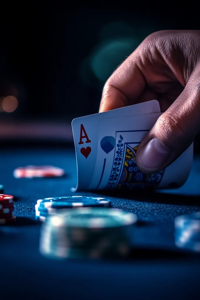 A hand reveals an ace of hearts playing card at a poker table.  Poker chips are scattered across the dark blue felt. The scene is dimly lit, creating a dramatic and mysterious atmosphere suggestive of a high-stakes game. The focus is on the card and the hand, emphasizing the suspense and importance of the moment.