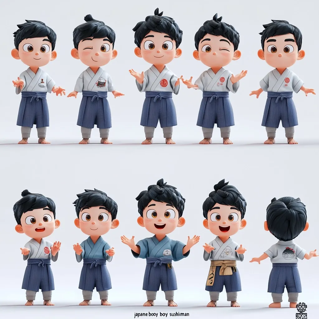 A 3D rendered image showcases multiple poses of an adorable cartoon Japanese boy.  He's dressed in a traditional Hakama and uwagi, a light gray top and dark blue pants. The boy's expressions range from neutral to joyful and playful, demonstrating a diverse set of character animations.  The overall style is cute and charming, suitable for children's media.