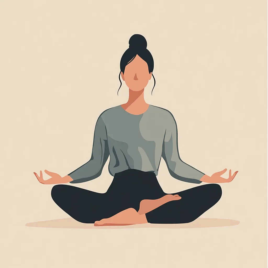 A minimalist illustration depicts a woman in a serene yoga pose.  She sits cross-legged on a light beige background, wearing a teal long-sleeved shirt and dark pants. Her hair is in a bun, and her face is subtly represented, focusing on the peaceful posture and the calmness of the scene.  The style is simple and elegant, emphasizing inner peace and mindfulness.
