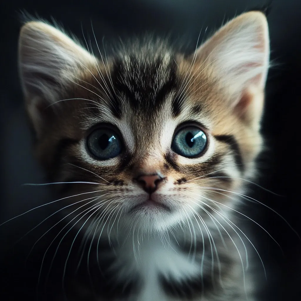 A close-up shot reveals an adorable tabby kitten with striking blue eyes.  Its soft fur, a mix of brown and gray, is highlighted against a dark background.  Long, delicate whiskers frame a small, innocent face. The kitten's expression is curious and endearing, captivating the viewer with its youthful charm.  The image's focus and lighting emphasize the kitten's delicate features.