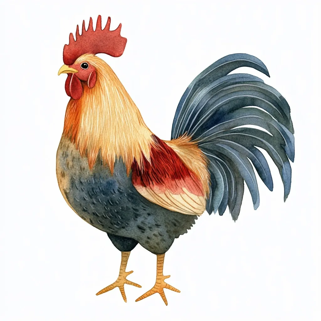 A watercolor painting of a rooster.  Its plumage is a mix of deep blues, oranges, and reds.  The rooster's comb is a vibrant red, and its tail feathers are long and elegantly curved. The artwork is detailed, showcasing the texture of the feathers and the bird's posture.  It's presented against a clean white background, highlighting the rooster's colors and form.