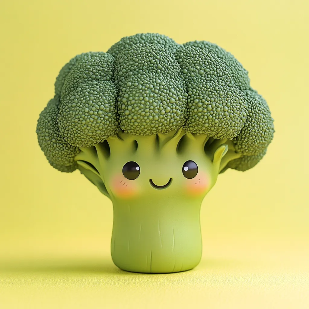 A cute, cartoon-like broccoli stands against a yellow background.  Its head is a realistically textured broccoli floret, while its body is simplified and smooth.  Large, expressive eyes and rosy cheeks add to its charming, happy expression.  The overall style is whimsical and appealing.