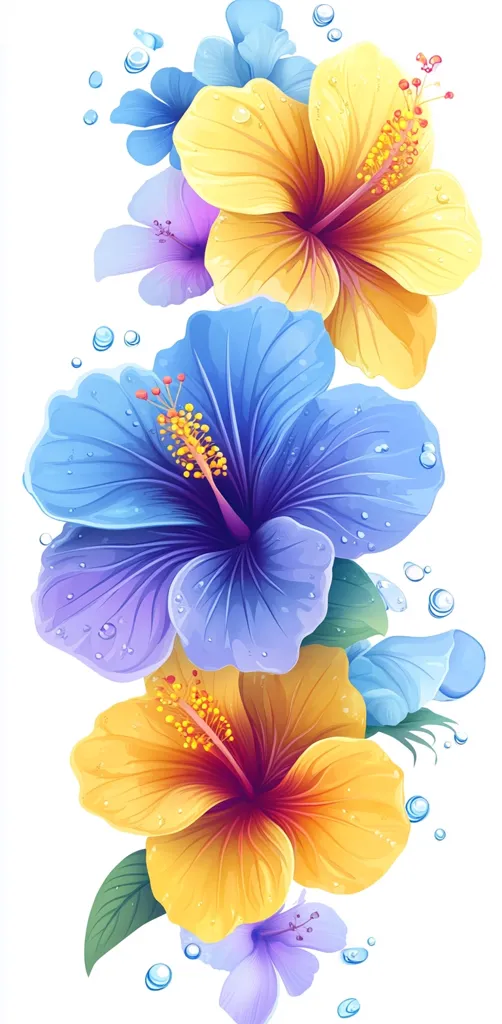 A vibrant arrangement of hibiscus flowers in shades of yellow and blue, adorned with water droplets. The blossoms are intricately detailed, showcasing their delicate petals and vibrant centers.  Smaller, complementary flowers surround the main blooms, creating a lush, tropical feel. The overall image is bright and cheerful, suggesting a refreshing and summery atmosphere.