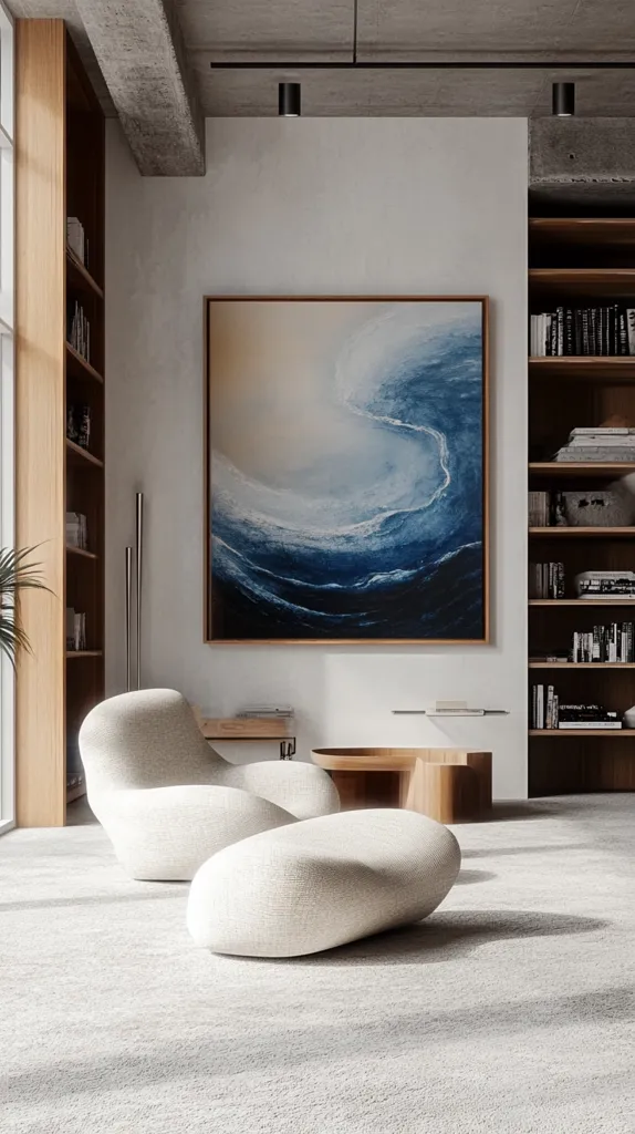 A minimalist living room features a large abstract ocean wave painting as a focal point above a low coffee table.  Two soft, pebble-shaped, off-white ottomans sit before a similarly colored, curved armchair. The room is bathed in soft natural light, highlighting the neutral tones and clean lines of the space.  A wooden bookshelf filled with books lines one wall. The overall aesthetic is serene and contemporary.