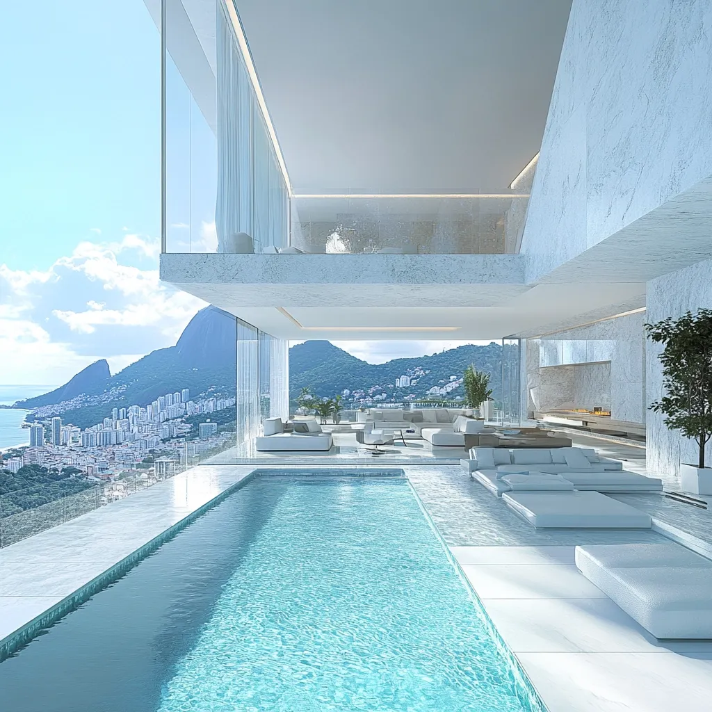 A modern, minimalist home boasts breathtaking panoramic views of a coastal city nestled in mountains.  The infinity pool seamlessly integrates with the expansive living area, which features sleek white furniture and floor-to-ceiling glass walls.  The architecture is characterized by clean lines, light-colored materials, and a sophisticated design.  The overall aesthetic is one of luxury and tranquil serenity.