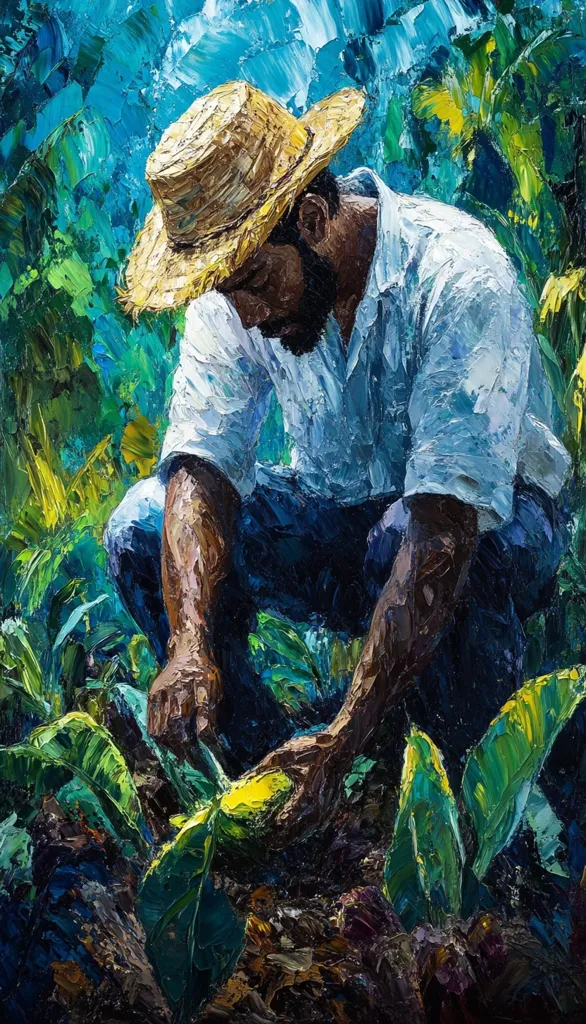 An impasto oil painting depicts a dark-skinned man, wearing a straw hat and light blue shirt, crouching amidst lush, vibrant green foliage. His hands gently tend to the plants, suggesting a scene of agricultural labor. The thick application of paint creates a textured, almost three-dimensional effect, emphasizing the man's focused concentration and the rich detail of the tropical environment.  The painting's bold colors and dynamic brushstrokes evoke a sense of warmth and the hard work of nature's cultivation.