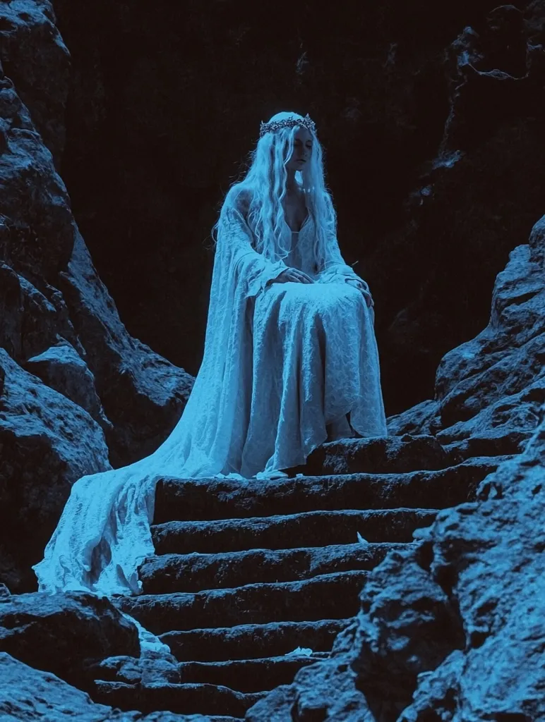 A woman, crowned and cloaked in flowing white, sits pensively on a stone staircase descending into a dark, rocky cavern.  The scene is bathed in a cool, ethereal blue light, creating a mystical and melancholic atmosphere. Her long, pale hair cascades around her, adding to the otherworldly ambiance of the image.  The overall impression is one of solitude and quiet magic.