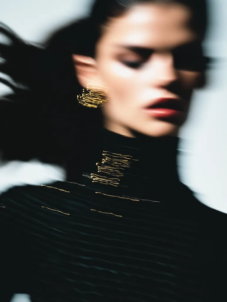 A blurred portrait of a woman with dark hair wearing a black turtleneck.  The motion blur creates streaks of light across the image, emphasizing the movement. Gold, abstract earrings dangle from her ears. The overall effect is moody and artistic, with a focus on texture and implied movement.