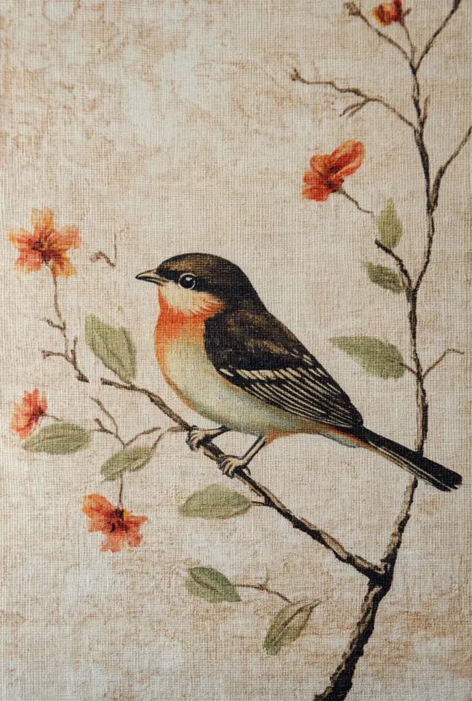 A beige textile features a detailed illustration of a small bird perched on a branch. The bird has a reddish-orange breast, dark head and wings, and a lighter underbelly.  It's surrounded by stylized, orange-toned blossoms and delicate green leaves on the branch against a textured background. The overall style is reminiscent of vintage botanical illustrations or fabric prints.