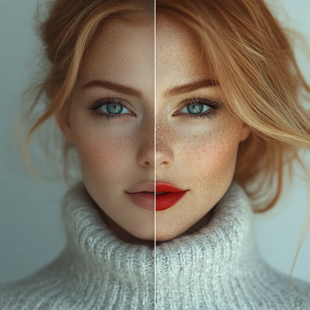 A split image showcases a young woman with shoulder-length, wavy blonde hair.  The left side presents a digitally enhanced, smoother complexion, while the right half displays her natural skin, including freckles.  She wears a light gray turtleneck sweater, and her expression is neutral, with a subtle difference in lip color between the two sides.  The image highlights the effects of digital skin retouching.