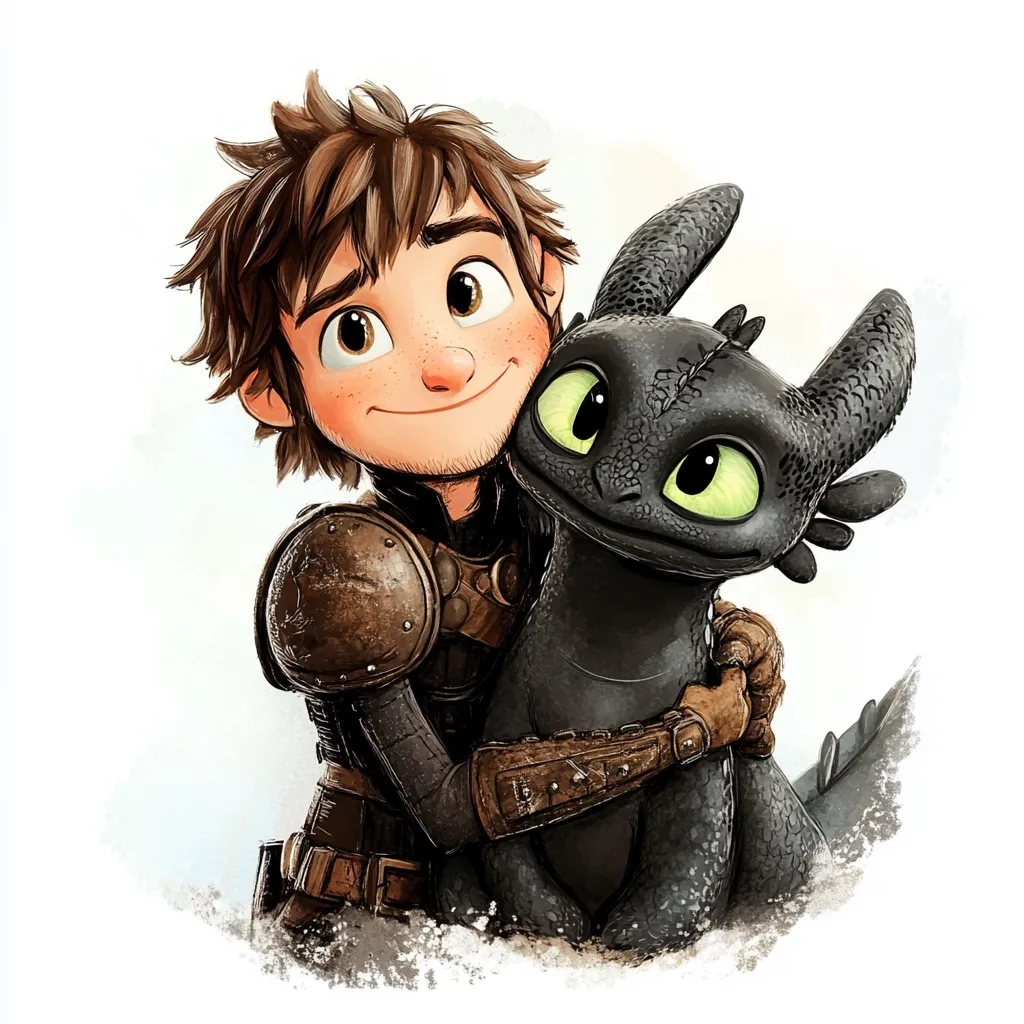 A heartwarming illustration depicts Hiccup, the young Viking protagonist from How to Train Your Dragon, embracing his loyal Night Fury dragon, Toothless.  Hiccup, with his signature brown hair and freckled face, smiles gently as he holds Toothless close. Toothless, with his characteristic large, expressive eyes, returns the affection. The artwork is rendered in a soft, stylized manner, emphasizing the bond between the boy and his dragon.