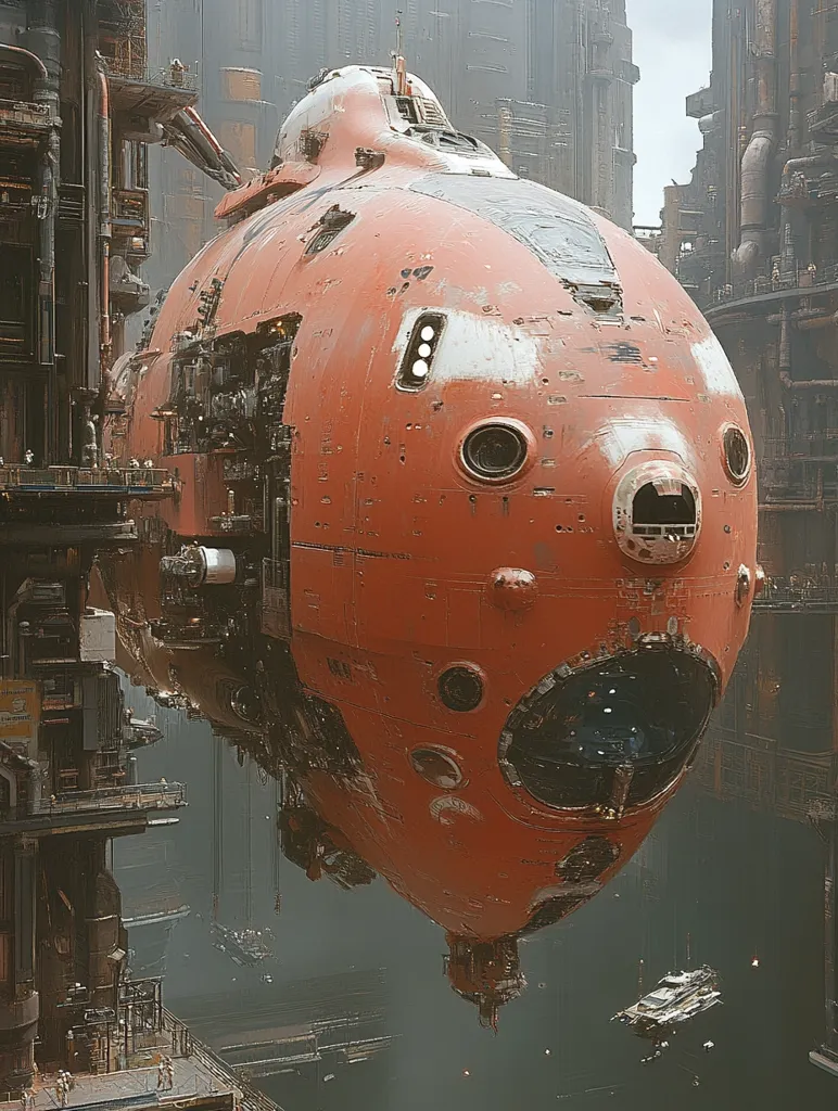A large, rusty orange spacecraft, possibly a submersible or exploration vessel, hangs suspended above a futuristic, industrial cityscape.  The vessel shows signs of wear and tear, with exposed machinery and faded paint.  The city's architecture is intricate and imposing, with towering structures and complex pipework.  Smaller vessels are visible in the murky water below.  The overall atmosphere is one of aged technology and a post-industrial aesthetic.