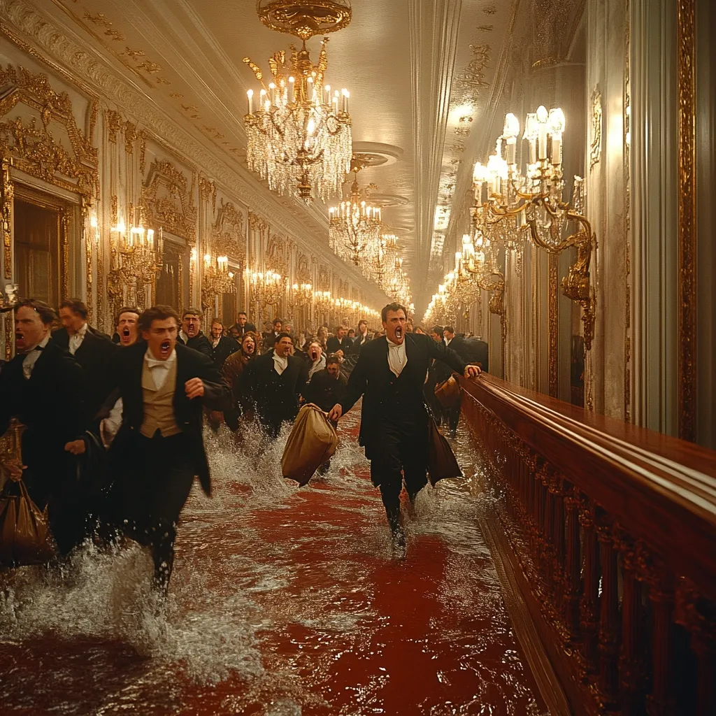 A flooded opulent hallway in a palace is depicted, with numerous men in 19th-century attire fleeing through the rising water.  They carry bags, splashing through the crimson-tinged flood under ornate chandeliers.  The scene suggests a chaotic escape or emergency within the lavish, gilded interior.  A man in the foreground shouts, emphasizing the urgency of the situation.