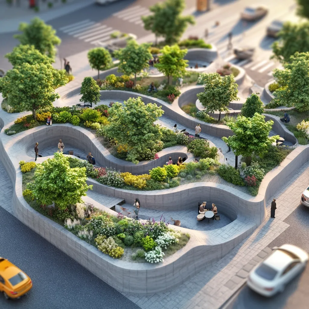 An aerial view showcases a meticulously designed urban park.  Serpentine pathways wind through lush greenery, punctuated by intimate seating areas nestled within the landscape.  Small groups of people are scattered throughout, enjoying the park's tranquil atmosphere.  The park's design integrates seamlessly with the surrounding city streets, creating a vibrant yet peaceful oasis.  Trees and flowering plants add color and texture to the concrete structures.