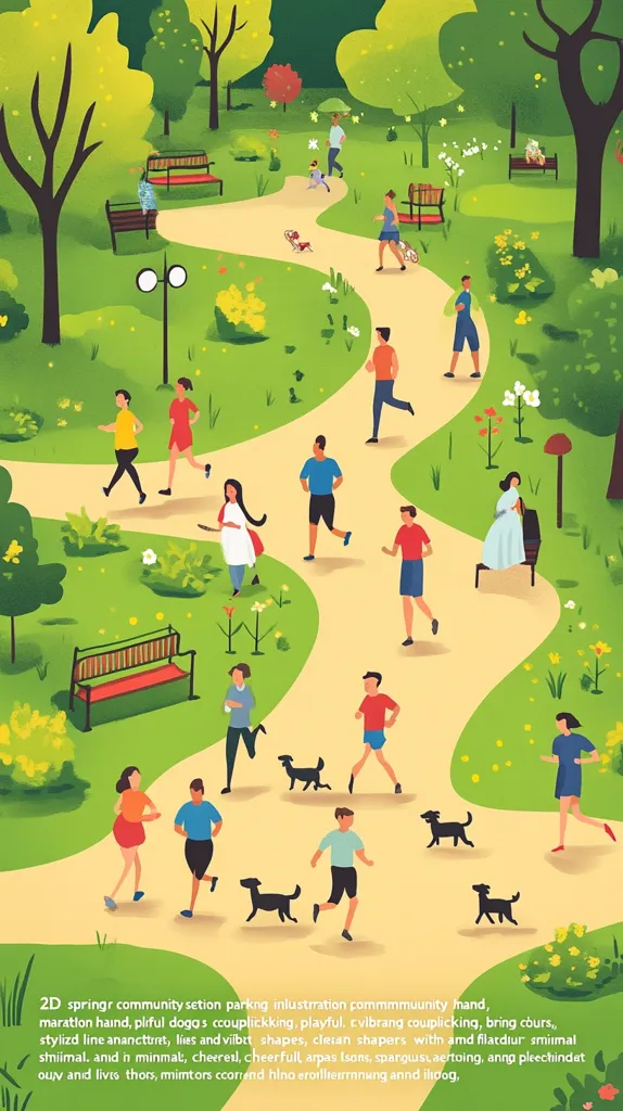 A vibrant illustration depicts a spring community park scene. People stroll, jog, and walk dogs along winding paths. Lush green grass, blooming flowers, and benches fill the park.  The style is cheerful and minimalist, with clean lines and playful shapes, creating a sense of community and relaxation. Dogs frolic alongside their owners. The overall atmosphere is lively and idyllic.