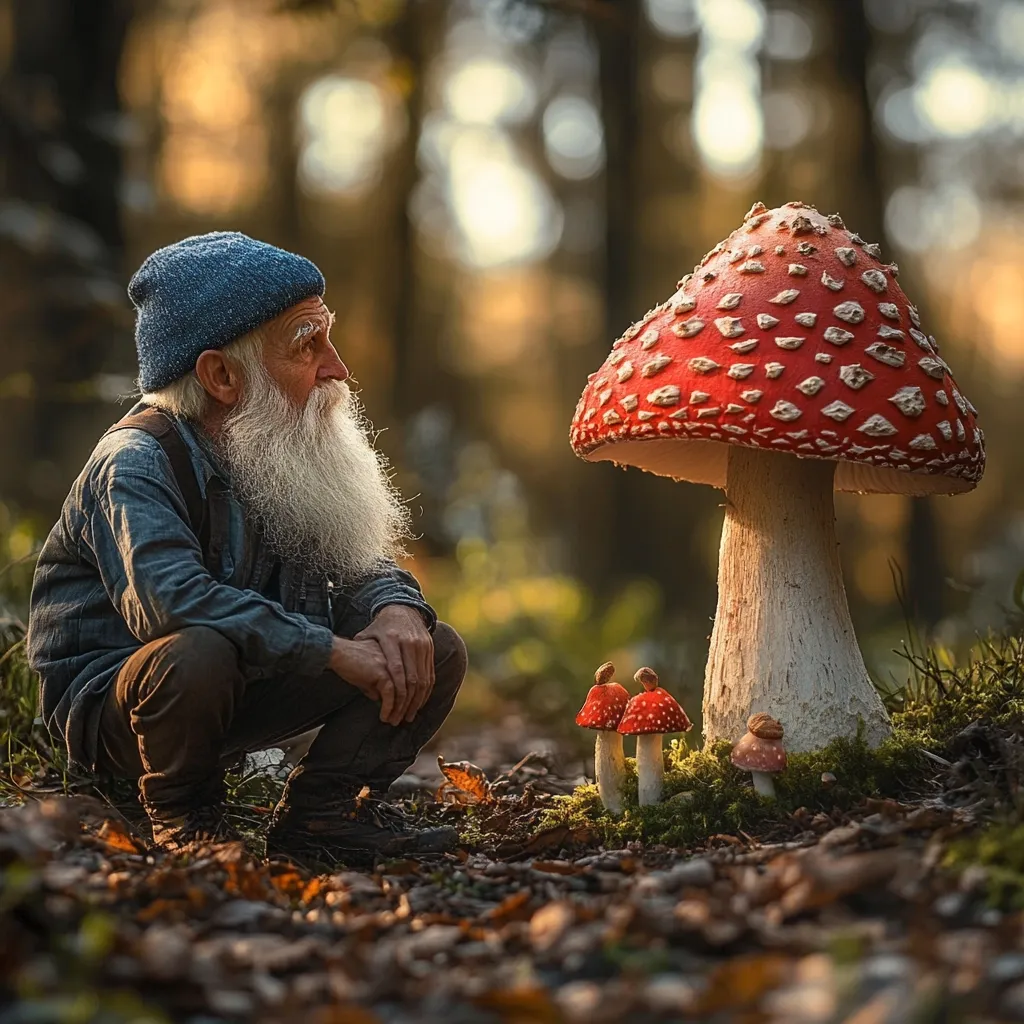 An elderly man with a long white beard, wearing a blue beanie and denim jacket, squats in a forest, gazing at an enormous red and white toadstool.  Smaller mushrooms cluster at its base. The scene is bathed in soft, warm light, creating a whimsical, fairytale-like atmosphere.  The overall impression is one of peaceful coexistence between man and nature.