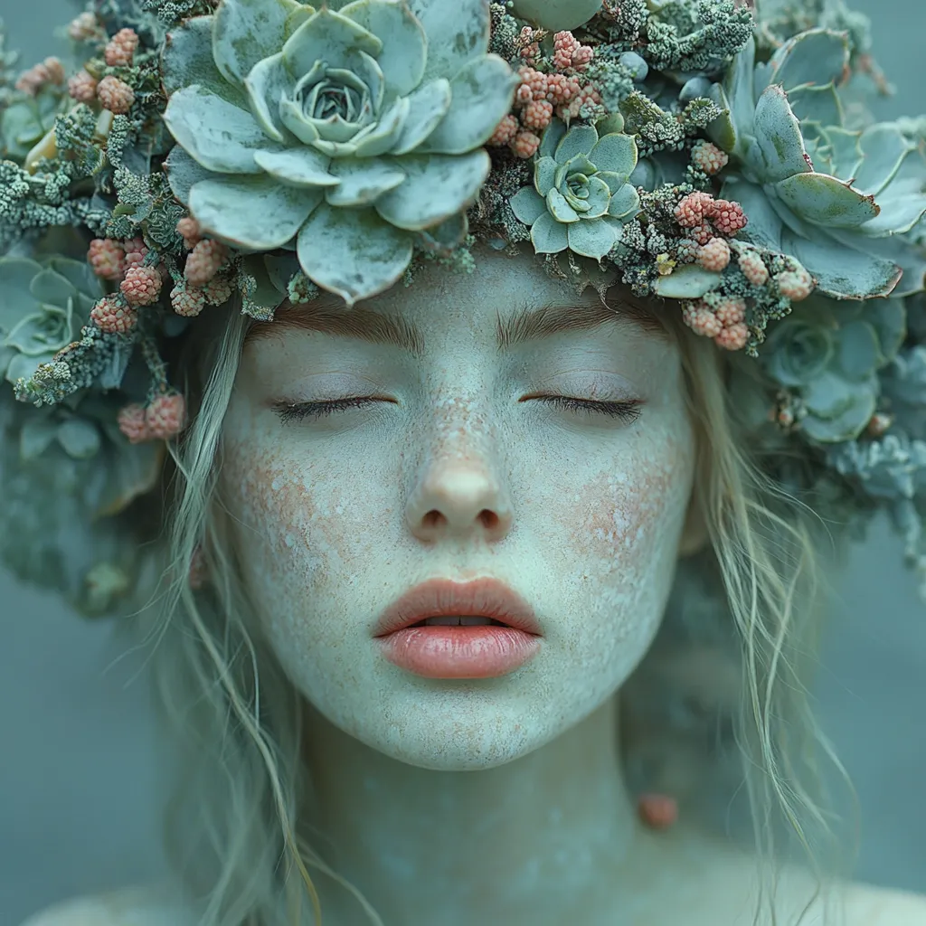 A serene woman with pale skin and freckles wears a crown of succulents and small pink berries. Her eyes are closed, conveying a sense of peace. The overall aesthetic is ethereal and nature-inspired, with muted green and pastel tones dominating the image.  The focus is on her face and the intricate detail of the floral crown.