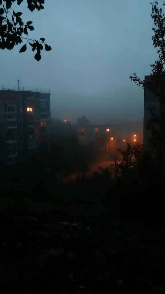 A foggy night scene in a residential area.  Dimly lit apartment buildings are partially obscured by a thick fog.  Streetlights cast a faint glow on the mist-shrouded street below.  Silhouetted trees and branches frame the scene, adding to the mysterious atmosphere.  The overall mood is dark, moody, and atmospheric.