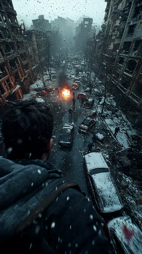 A snow-covered, war-torn city street is seen from a first-person perspective.  Damaged buildings line the street, littered with abandoned vehicles.  A fire burns in the middle distance, and figures are visible, moving amidst the chaos.  The viewer, bundled in dark clothing, observes the scene from an elevated position, snow falling around them. The overall atmosphere is one of desolation and post-apocalyptic struggle.