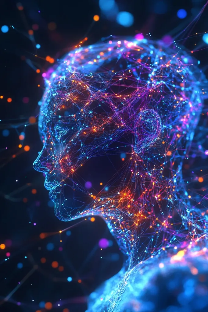A digital rendering depicts a human head and shoulders constructed from a network of interconnected glowing lines and nodes.  The structure is vibrant, with colors ranging from deep blues and purples to fiery oranges and reds, creating a sense of energy and complexity.  The background features scattered particles of light, adding depth and a futuristic atmosphere. The overall effect suggests a concept of neural networks, artificial intelligence, or digital consciousness.