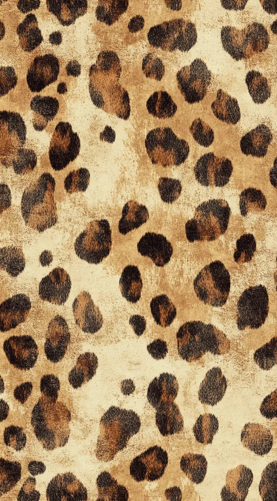 The image shows a textured fabric with a leopard print pattern.  The background is a light beige, and the spots are various shades of brown and dark brown, appearing slightly fuzzy or brushed. The overall effect is a vintage or distressed look, suggesting a worn or aged animal print. The pattern is repeated seamlessly across the image.
