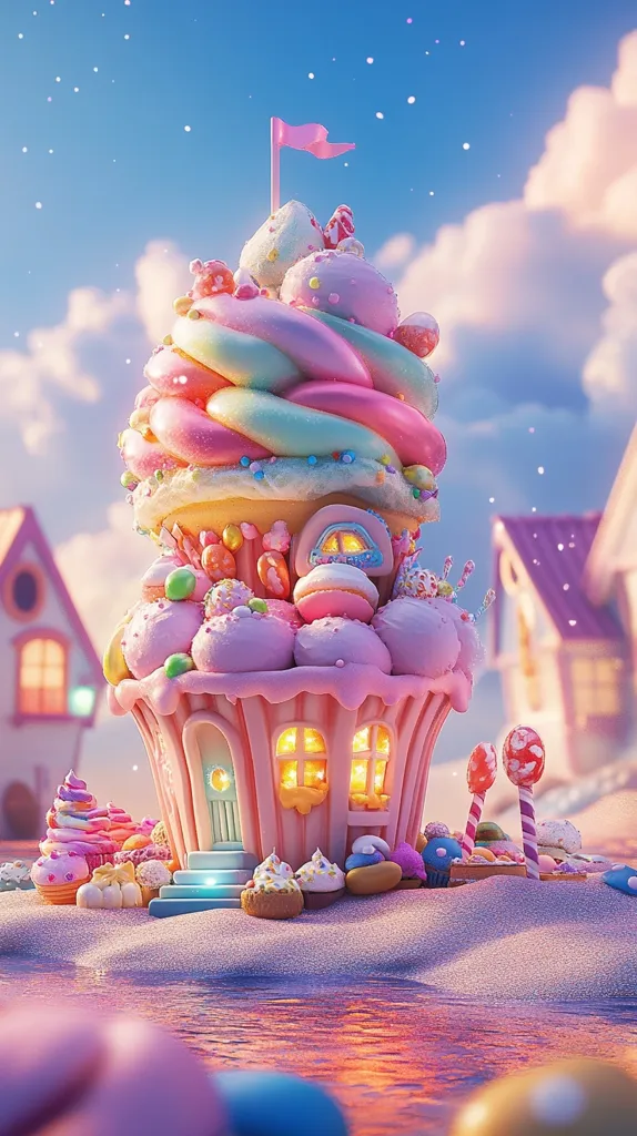 A whimsical cupcake house sits on a sandy beach under a pastel sky.  The house is elaborately decorated with frosting swirls, candies, and macarons.  Small houses are visible in the background, adding to the fantastical scene.  The overall aesthetic is sweet and dreamlike, with soft lighting and a focus on sugary details.  The scene is idyllic and evokes a feeling of playful enchantment.