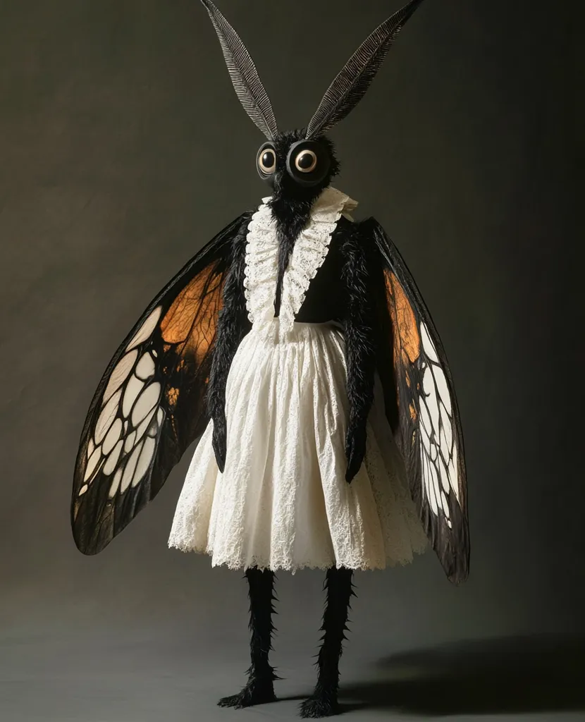 A striking figure, seemingly a moth-woman hybrid, commands attention.  Large, intricately detailed wings of orange and white extend from a black, furry body.  The creature wears a delicate white lace dress and has large, expressive eyes. Its long, spidery legs end in dark, hairy points, contrasting sharply with the feminine attire. The overall effect is one of elegant gothic surrealism.