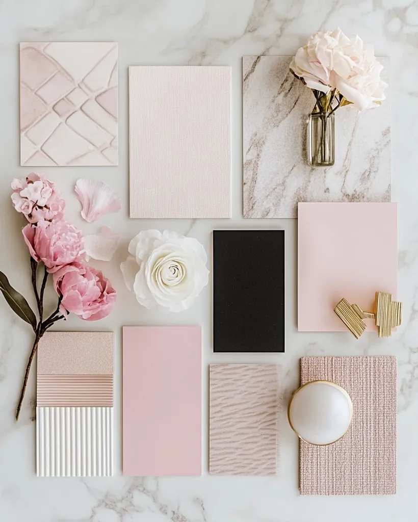 A flat lay showcasing various pink and neutral textured samples arranged on a marble surface.  Delicate pink and white flowers are included, adding a touch of elegance.  Gold cufflinks and a small vase with flowers complete the aesthetically pleasing arrangement, suggesting interior design or home décor inspiration.  The image evokes a calm and sophisticated mood.