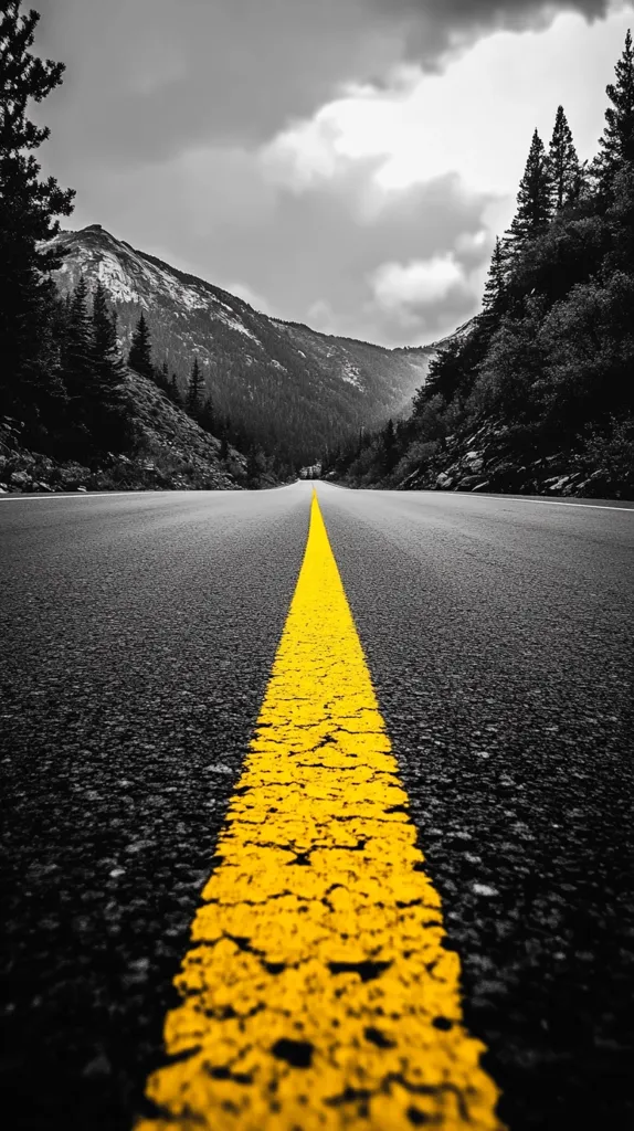 A vivid yellow center line cuts through a grayscale mountain road, vanishing into the distance.  Dark evergreen trees line the roadside, framing the winding asphalt path.  The sky is overcast, adding to the dramatic, almost lonely, atmosphere of the scene. The contrast between the vibrant yellow and the monochrome background emphasizes the road's journey ahead.