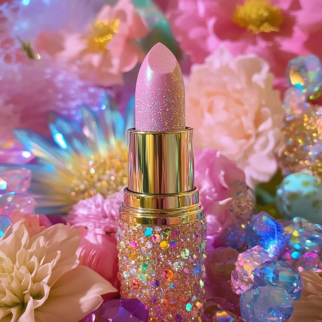 A sparkly pink lipstick tube is nestled amongst pastel pink flowers and iridescent crystals. The lipstick itself is a light pink with glitter, and the tube is adorned with rainbow-colored crystals. The overall aesthetic is dreamy and whimsical, evoking a sense of fantasy and beauty.  The image is sharply focused, highlighting the texture and shimmer of the lipstick and surrounding elements.