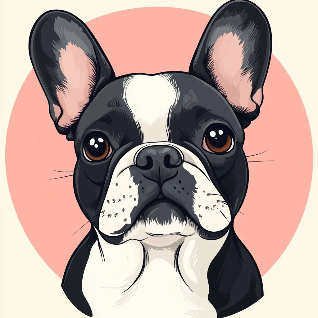 A stylized illustration of a French Bulldog's head and shoulders.  The dog is predominantly black and white, with large, expressive eyes.  It's presented against a soft pink circular background, creating a clean and appealing image. The artwork uses bold lines and shading to emphasize the dog's features.