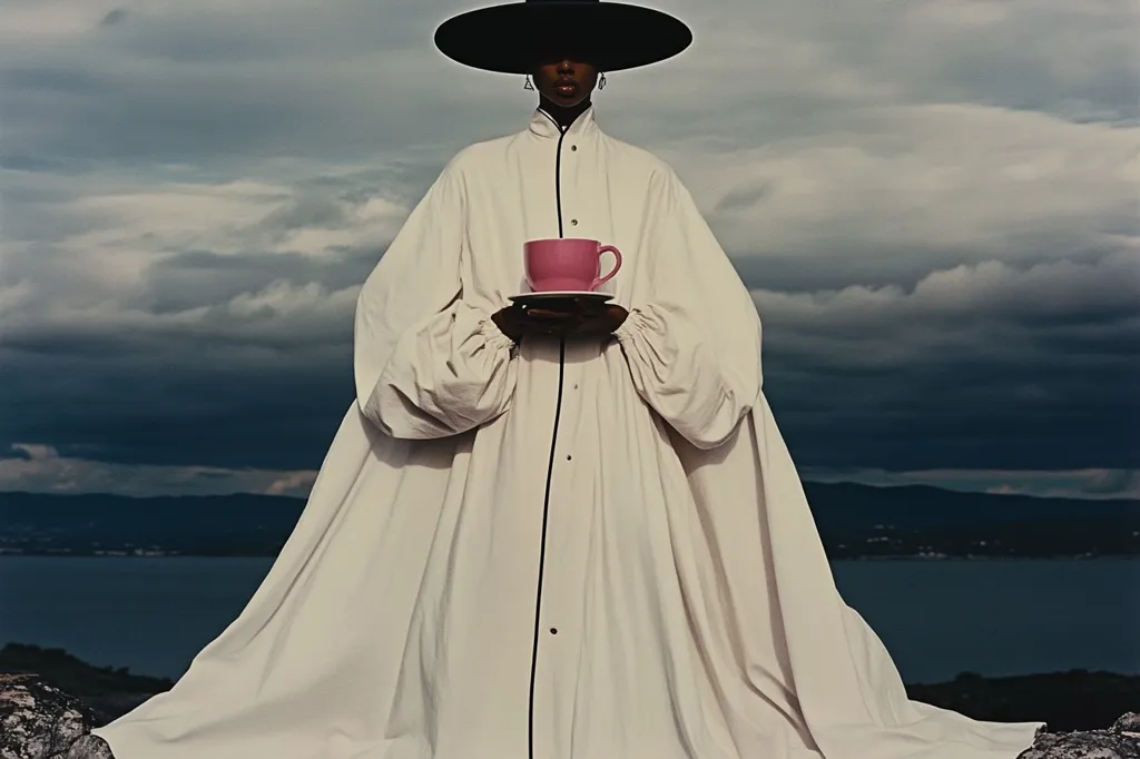 A person in a long, flowing white robe and wide-brimmed black hat stands against a dramatic sky.  They hold a pink teacup and saucer. The background features a calm body of water and distant mountains under a cloudy, moody sky.  The overall mood is serene yet mysterious.