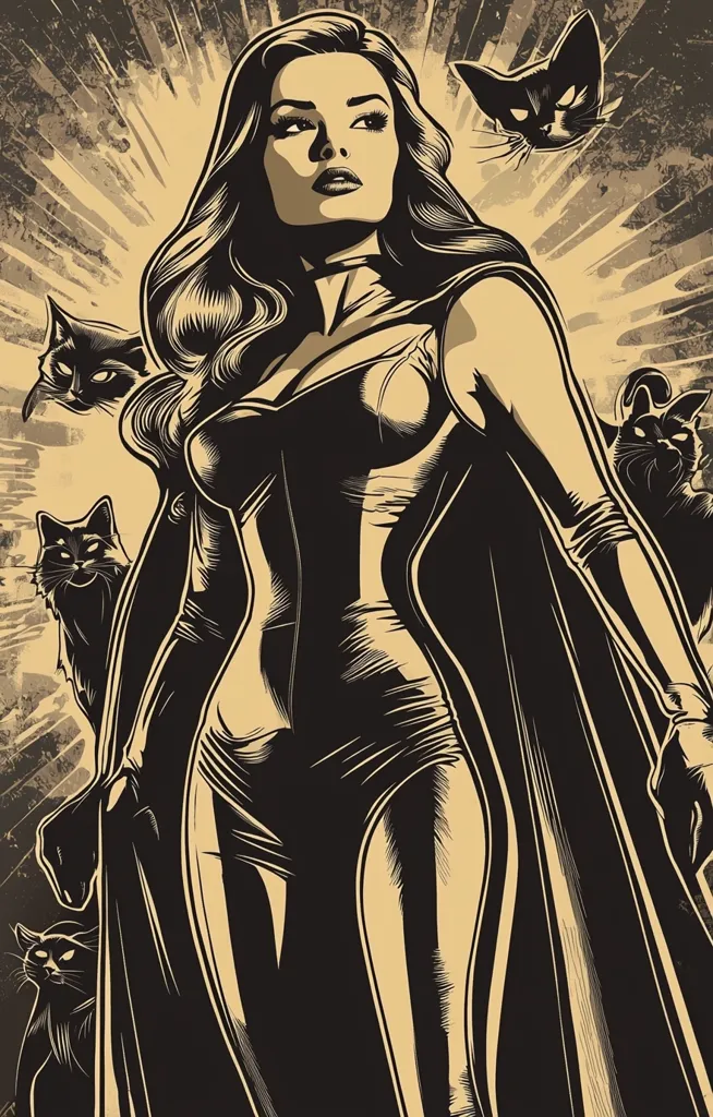 A stylized illustration depicts a glamorous woman in a form-fitting dark dress and cape, surrounded by black cats. The art style is reminiscent of vintage comic book art or pulp fiction covers, using bold black lines against a tan background. The woman commands attention with a powerful gaze, her long dark hair cascading down her back. The cats, varied in pose, add to the dramatic, mysterious mood. The overall impression is one of elegance and intrigue.