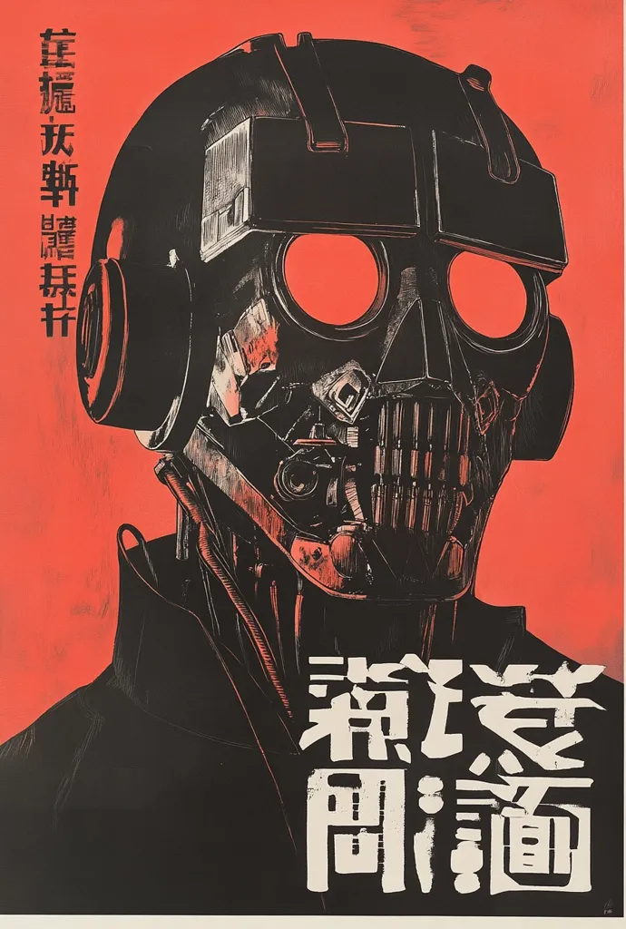 A striking poster showcases a stylized cyborg's head, detailed with intricate mechanical elements against a bold red backdrop.  The cyborg's face is partially obscured by a helmet with glowing red lenses, creating a sense of mystery and power.  Japanese characters are prominently displayed, adding to the poster's artistic and potentially cinematic context. The overall aesthetic is dark, gritty, and futuristic.