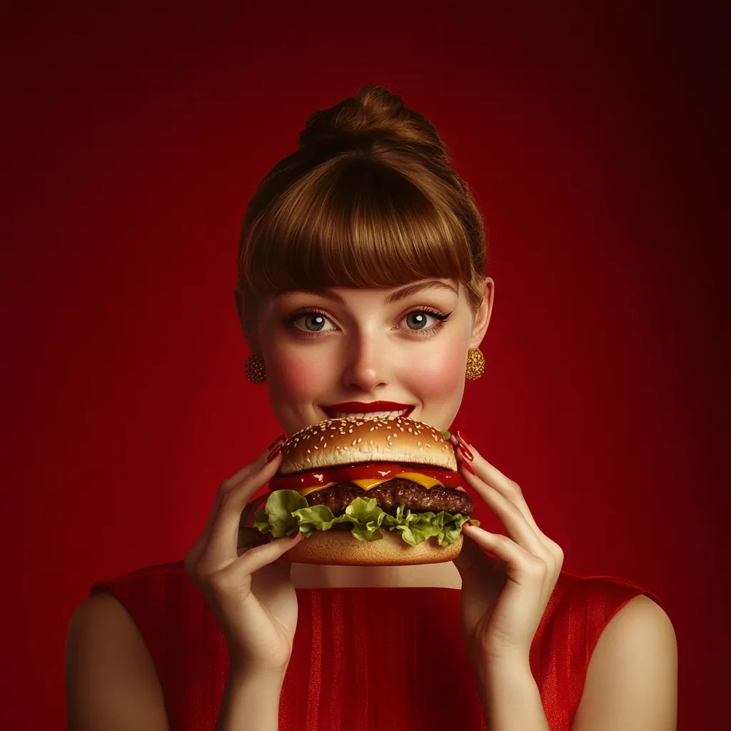 A stylish woman with 1950s-inspired makeup and a red dress holds a juicy cheeseburger in front of her face.  Her expression is one of playful anticipation. The rich red background complements her outfit and the vibrant colors of the burger. The image is a classic portrayal of retro beauty and American fast food.