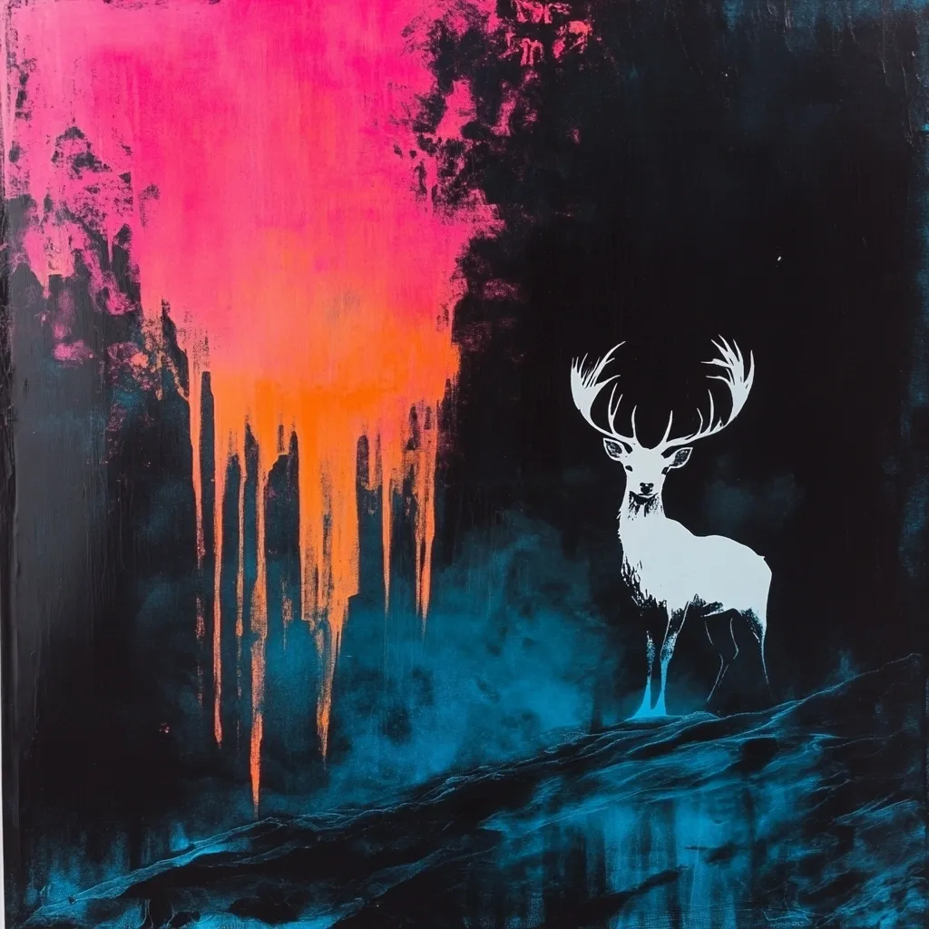 A vibrant abstract painting features a stark white stag silhouetted against a dark, moody landscape.  Bright pink and orange drips cascade from the top, contrasting with cool teal hues at the bottom. The stag stands regally, its form sharply defined against the textured, expressive background.  The overall effect is one of dramatic contrast and ethereal beauty.