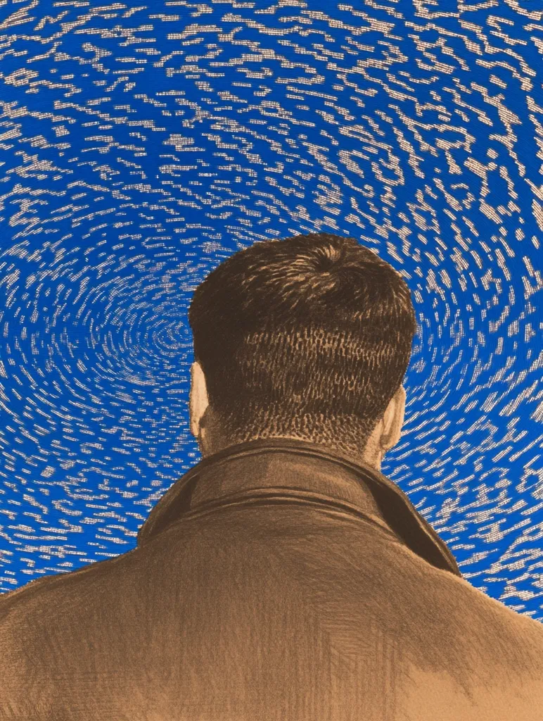 The artwork depicts the back of a man's head and shoulders, clad in a brown coat.  He is positioned before a vibrant blue background featuring a swirling, textured pattern that radiates outwards, creating a vortex-like effect. The man's posture suggests contemplation or introspection, his gaze directed toward the dynamic backdrop. The contrast between the solid figure and the swirling background emphasizes a sense of movement and internal reflection.
