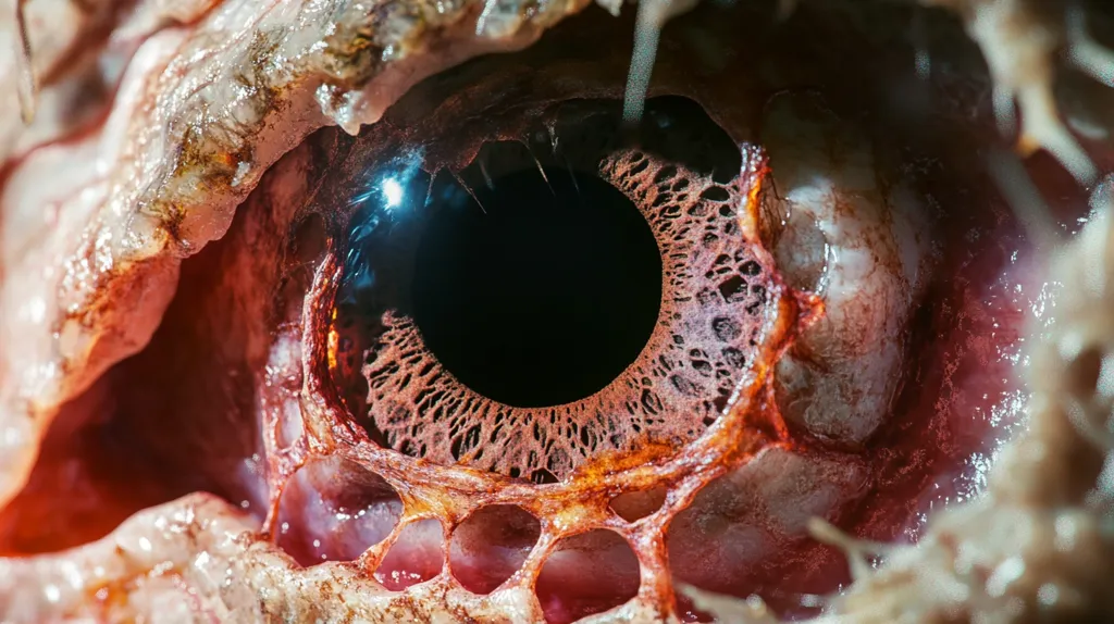 A close-up reveals the intricate detail of a fish eye.  The iris is a striking reddish-brown, exhibiting a lacy, almost skeletal structure.  The surrounding tissue is fleshy and translucent, with a pinkish hue.  The pupil is a deep black, contrasting sharply with the vibrant colors of the eye's anatomy. The image is intensely detailed, showcasing the remarkable complexity of the fish's ocular structure.