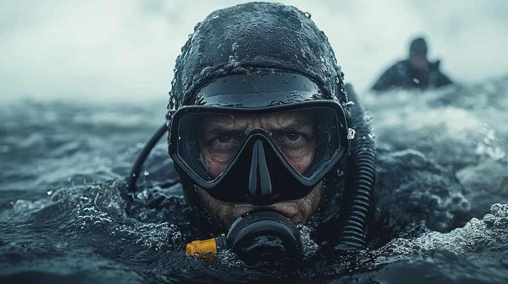 A close-up shot of a diver's face, partially submerged in turbulent water.  The diver wears a black wetsuit, hood, and full-face diving mask, his intense gaze visible through the clear visor.  Another diver is blurred in the background, suggesting a team operation. The scene is moody and atmospheric, with a cold, gray color palette.  The focus is sharply on the diver in the foreground, emphasizing his serious expression and the challenging aquatic environment.