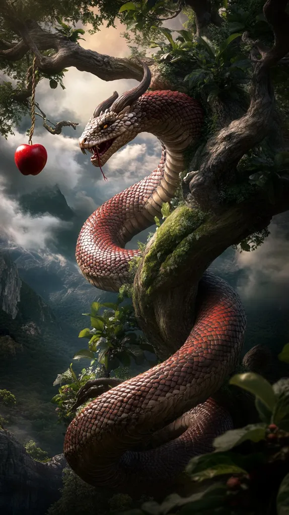 A large, red and white serpent, possibly a dragon, coils around a moss-covered tree in a lush, mountainous landscape.  An apple hangs from a branch above, seemingly tempting the creature.  The scene evokes a mythical or allegorical setting, reminiscent of the Garden of Eden.  The serpent's gaze is intense, suggesting a powerful and possibly dangerous presence.