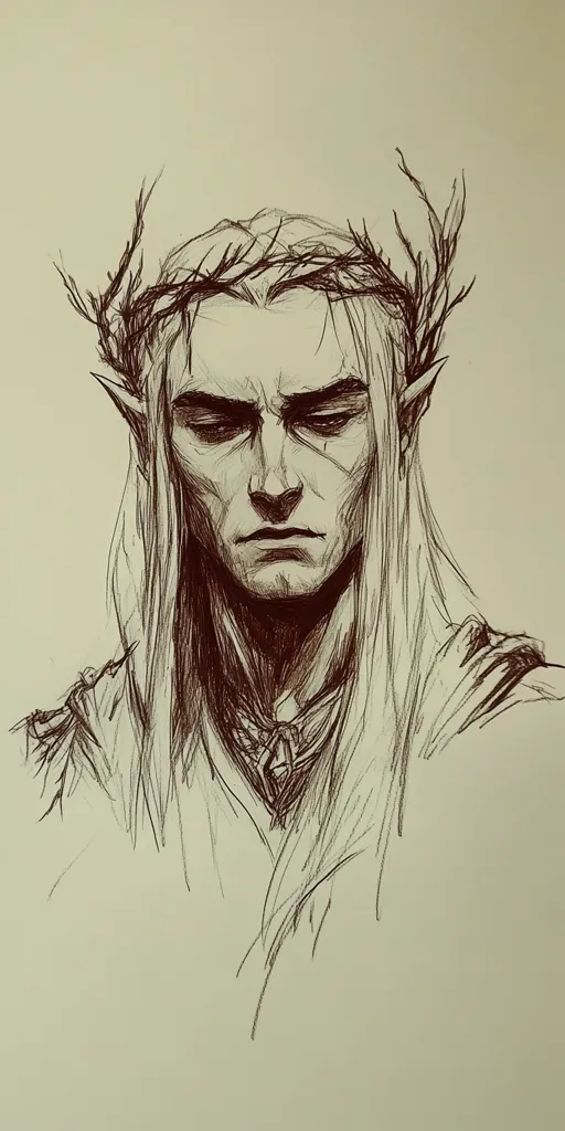 A pencil sketch depicts a melancholic elf with long, flowing hair adorned with a crown of thorns.  His expression is somber, his eyes downcast.  The style is detailed yet somewhat rough, emphasizing the character's emotional state.  The elf's pointed ears are visible, and he appears to be wearing a simple, loose-fitting garment.  The overall tone is dark and contemplative.