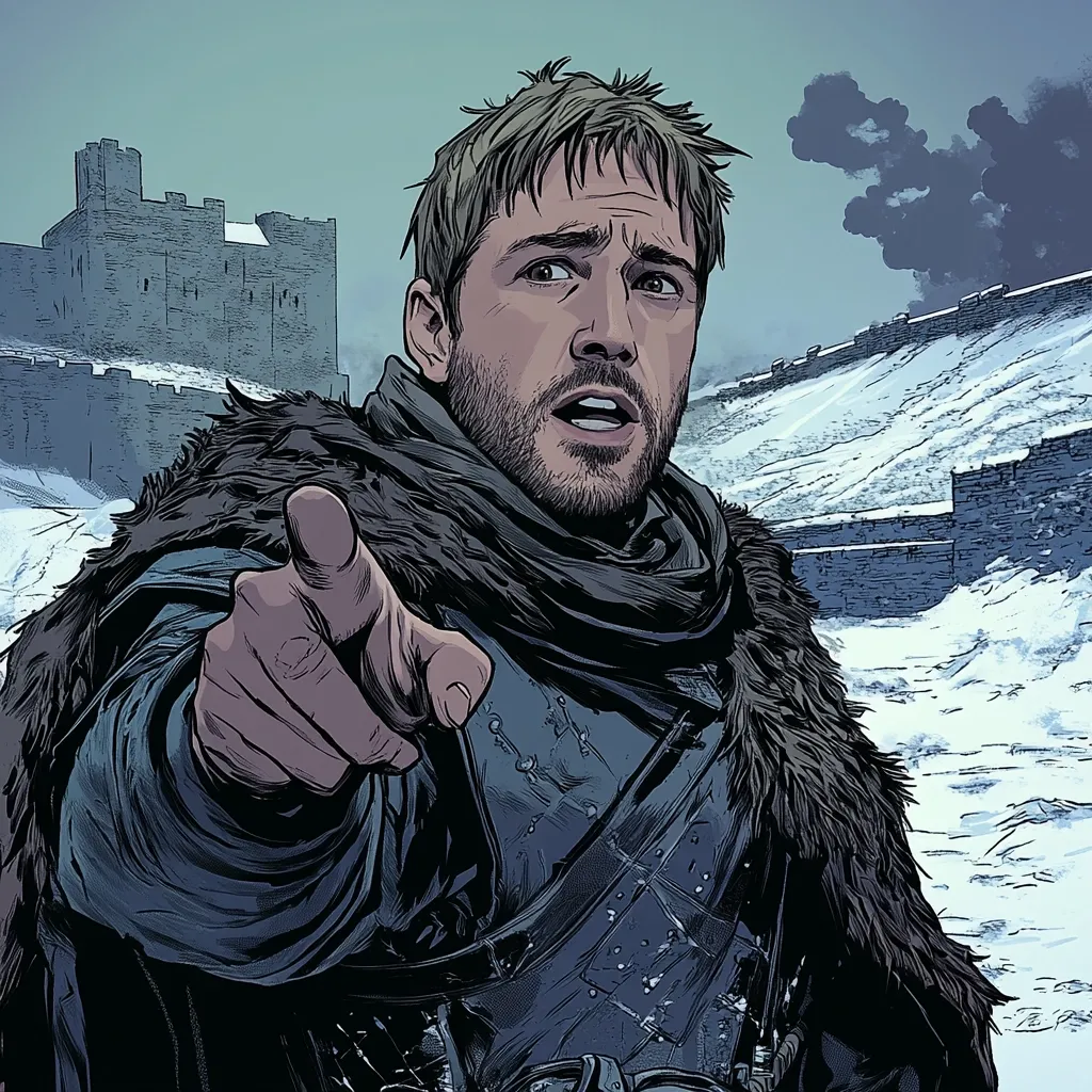 A stylized illustration depicts a man, possibly a character from a fantasy series, in a fur-lined cloak and armored vest. His expression is one of urgency, his finger pointed directly at the viewer.  A dark castle and snow-covered landscape form the background, suggesting a cold, possibly war-torn setting. The style is reminiscent of comic book art or graphic novel illustration.