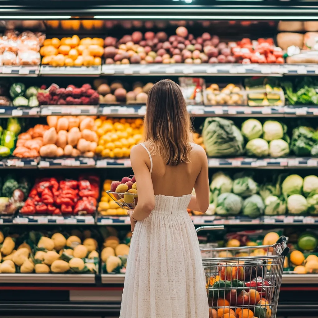 A woman in a white dress stands in a grocery store, her back to the camera. She holds a small basket of fruit and a shopping cart is beside her.  Rows of colorful fruits and vegetables fill the shelves behind her, showcasing a vibrant array of produce. The scene is bright and well-lit, highlighting the freshness of the market's offerings.