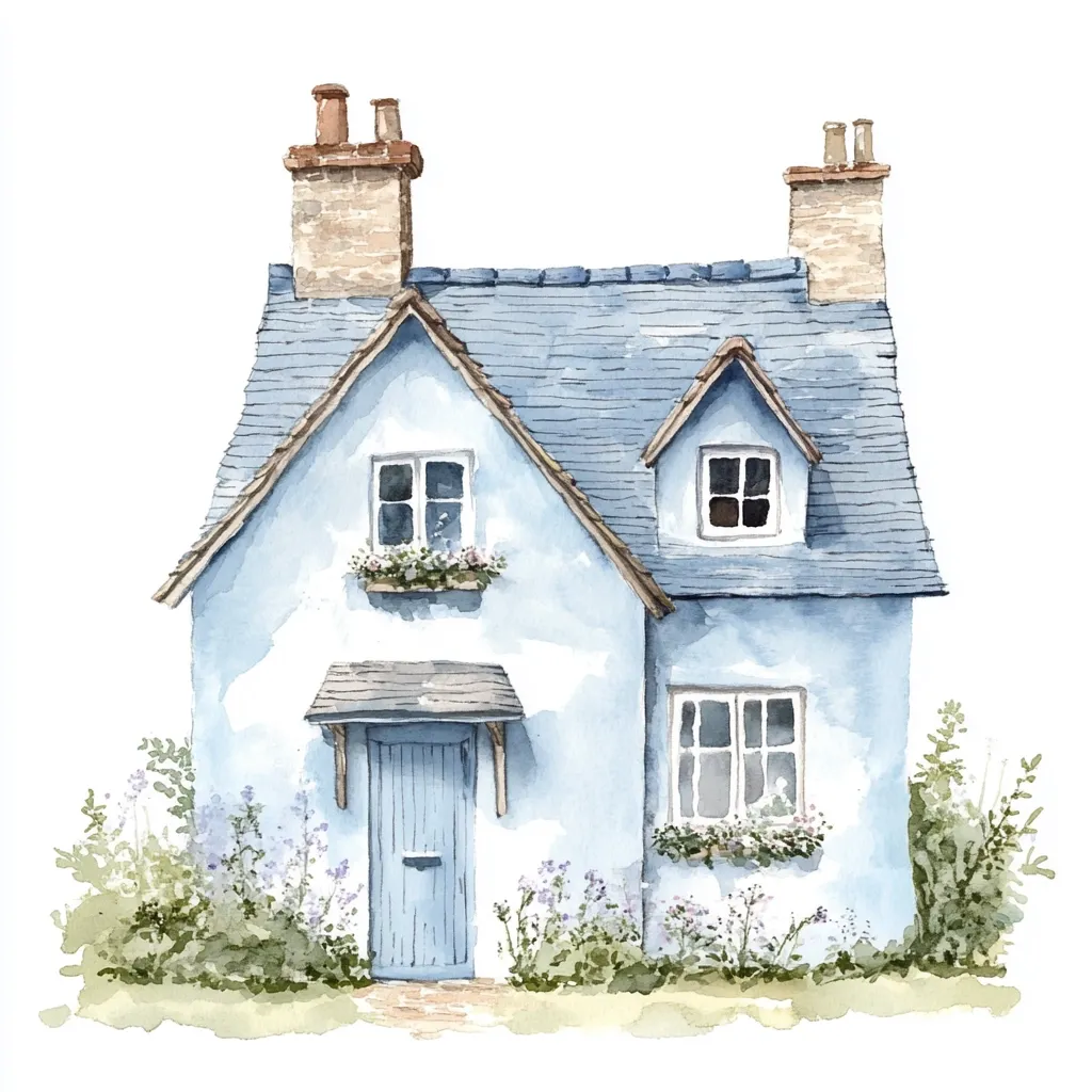 A charming watercolor painting depicts a quaint, light blue cottage.  The cottage features a slate roof, two chimneys, and a light blue front door sheltered by a small porch.  Windows with flower boxes add to its picturesque appeal.  Lush green foliage surrounds the house, completing the idyllic scene. The style is delicate and romantic, evoking a sense of peace and tranquility.