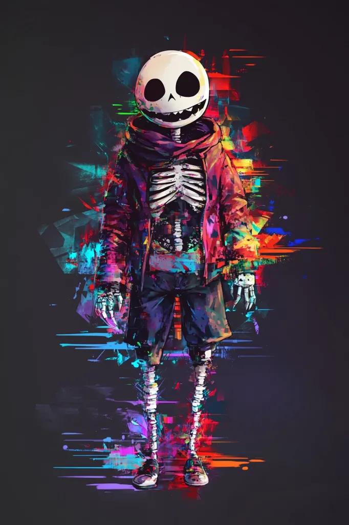 A stylized depiction of Sans from Undertale.  He's rendered in a vibrant, abstract style with splashes of bright, multicolored paint and glitch effects.  His skeletal form is visible beneath a red hoodie and dark shorts.  The overall effect is dynamic and energetic, emphasizing a blend of digital art and a character recognizable from popular culture.